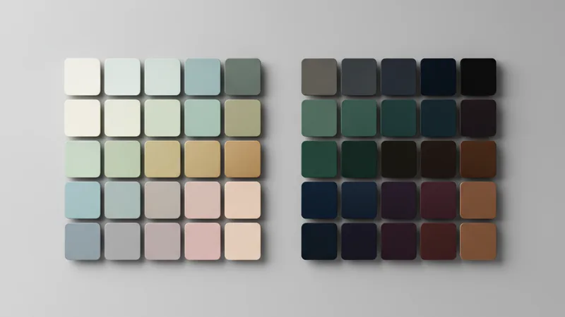 Two color palette grids side by side: light mode tokens on the left, dark mode tokens on the right