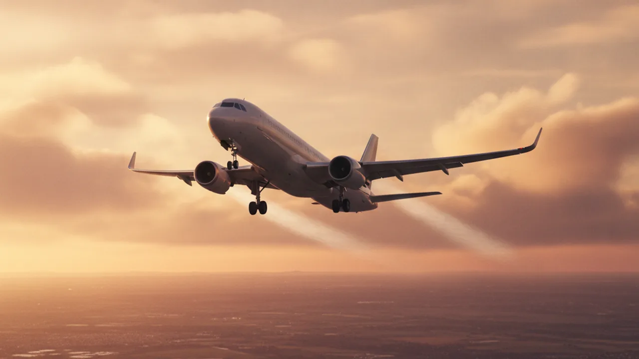 An airliner takes off from an airport against an evening sky