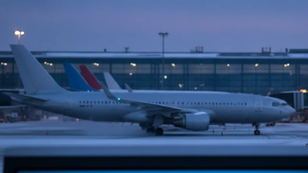 An airport departures board with aircraft parked at the gate in winter dusk