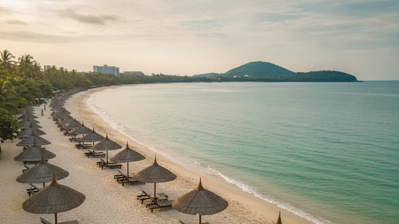 Pattaya beach on the Gulf of Thailand with sun loungers and umbrellas by the water