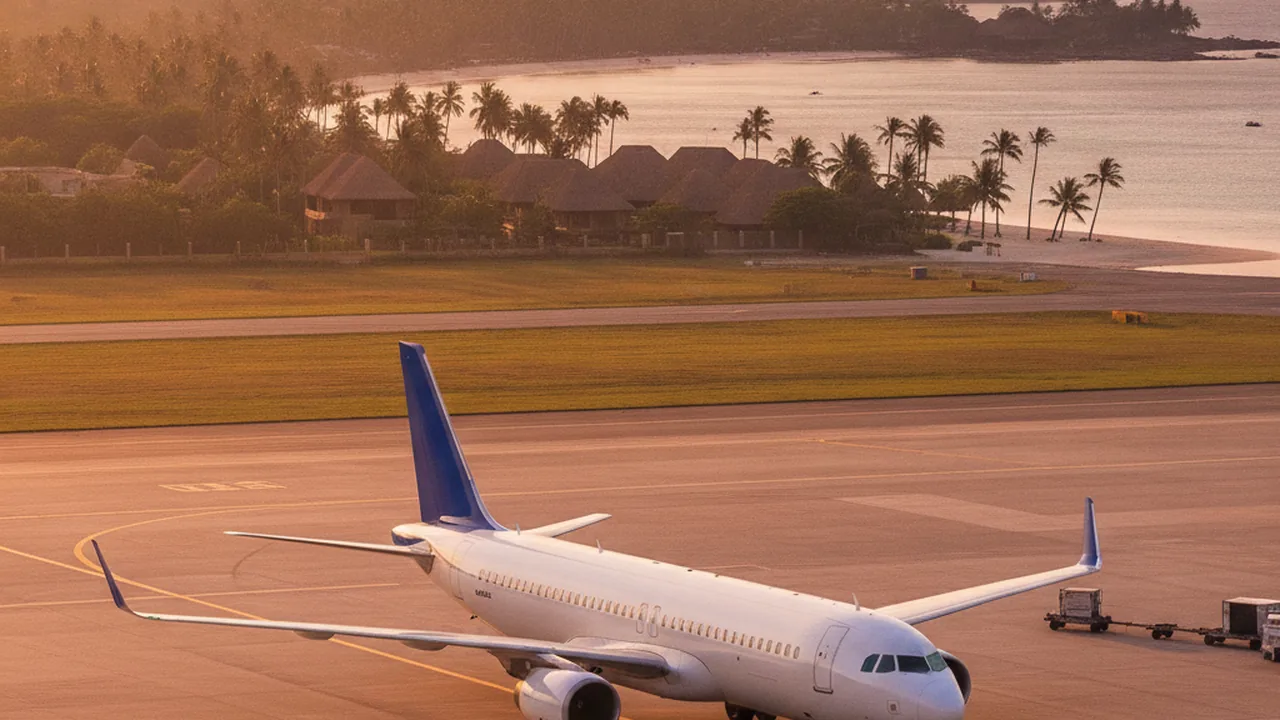 An airliner on the tarmac with a Southeast Asian beach resort coastline in the background
