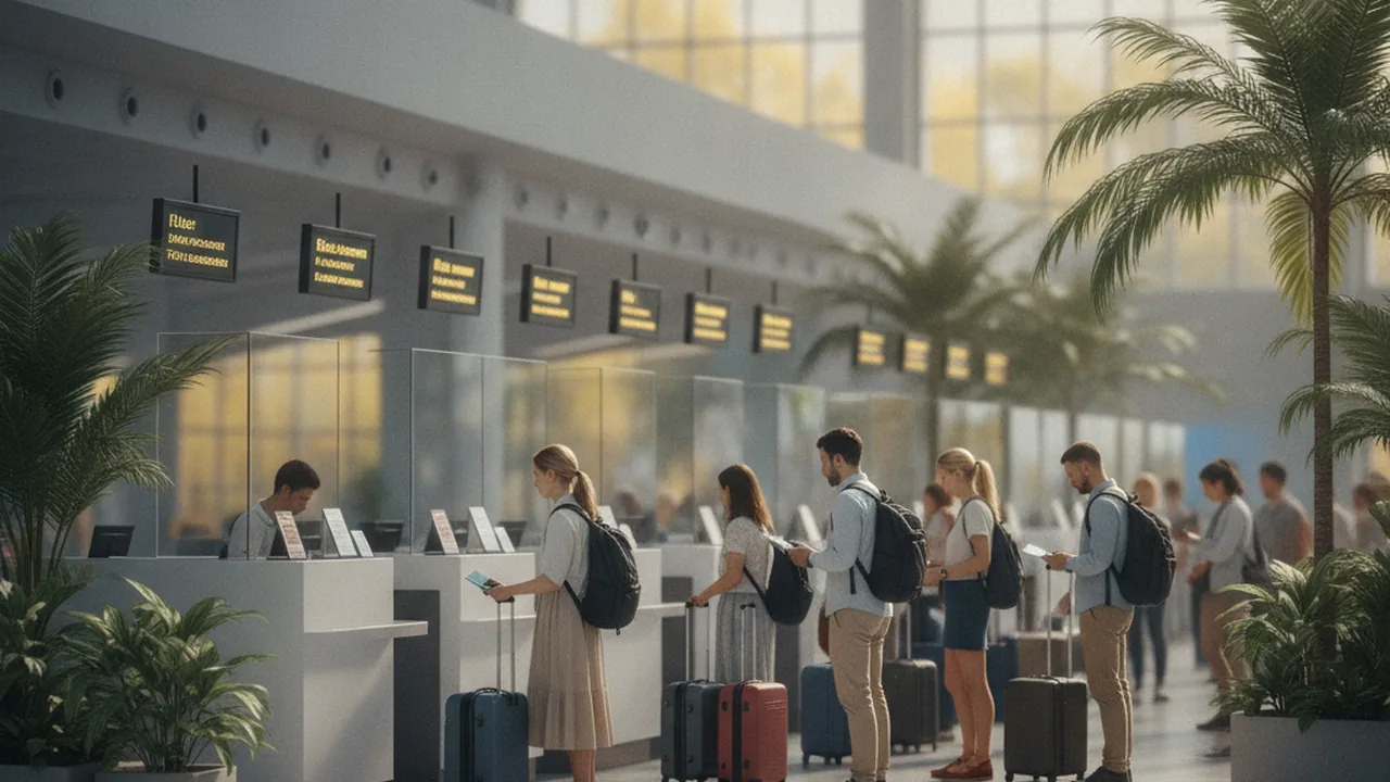 Passport control at Bali airport, arrivals counters and a queue of tourists