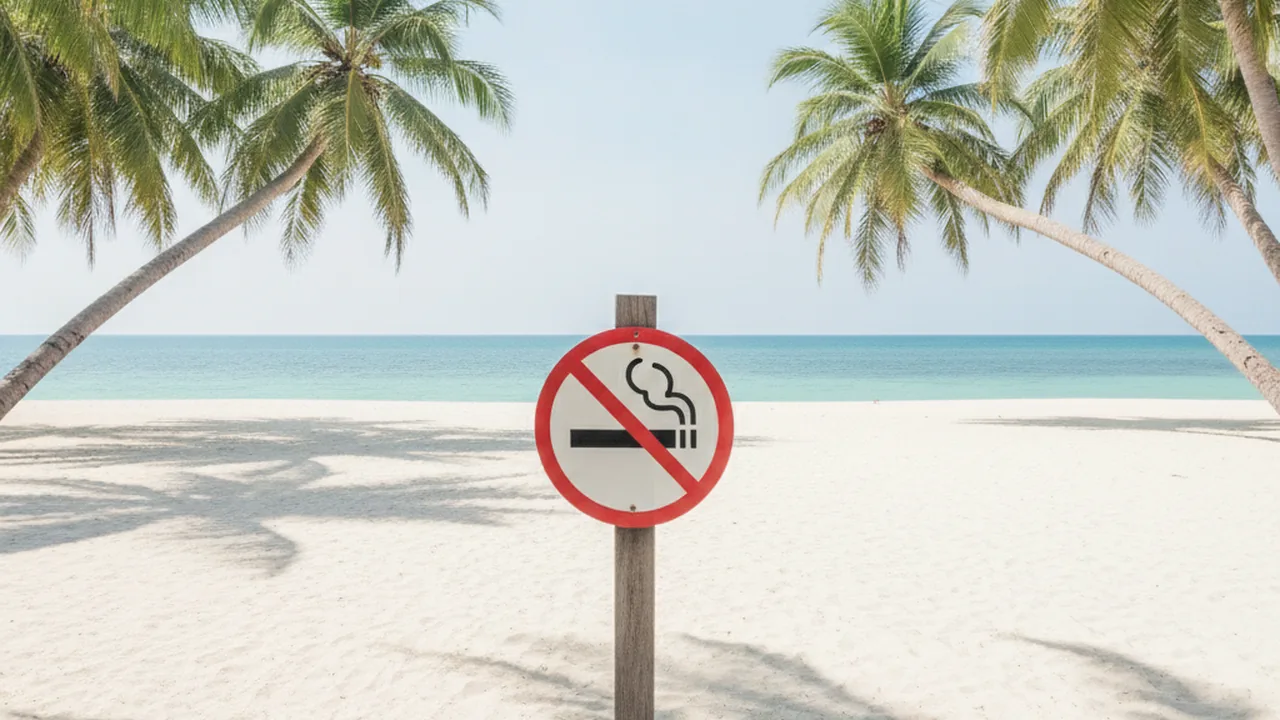 A no-smoking-on-the-beach sign on a Thai beach with the sea in the background