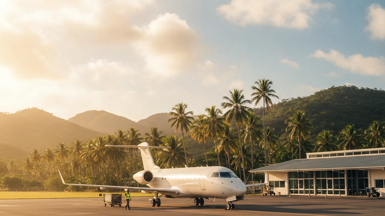 An aircraft on the runway of a tropical airport on Panay island, the Philippines
