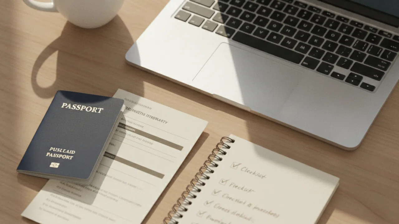 Desk with a passport, flight itinerary and laptop for planning a trip