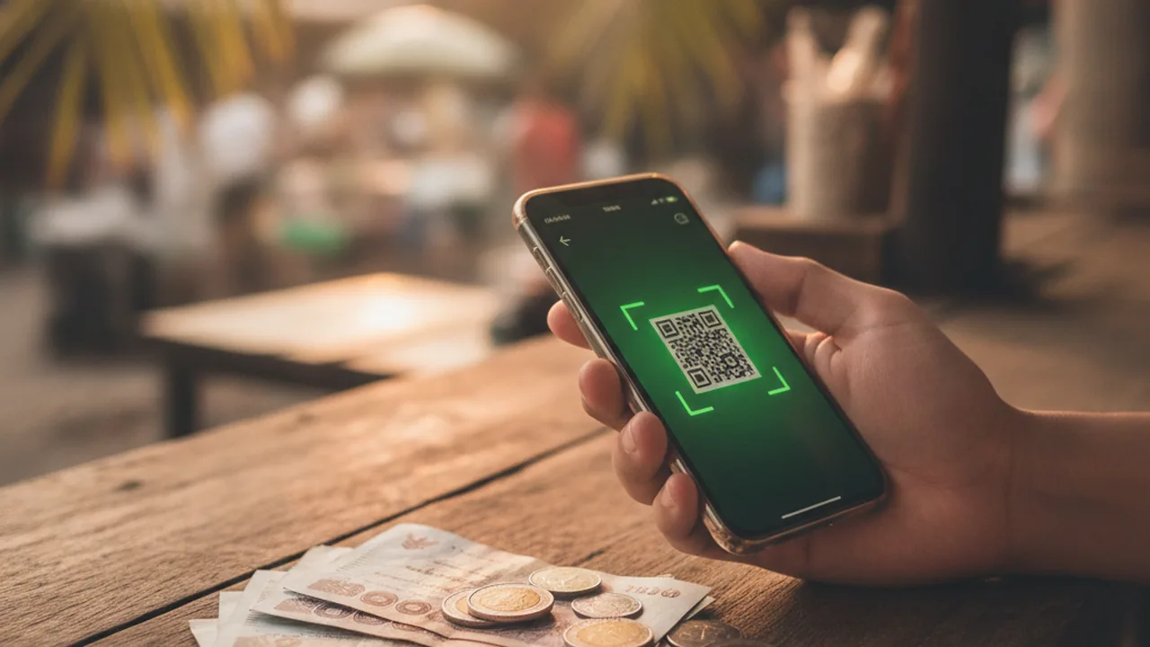 A tourist scanning a QR payment code on a smartphone next to Thai baht banknotes on a street-food stall counter