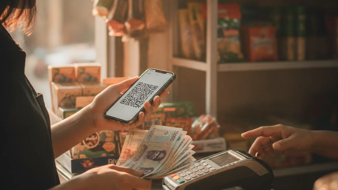 A tourist paying with a smartphone QR code scan at a counter in Vietnam, with Vietnamese dong banknotes nearby