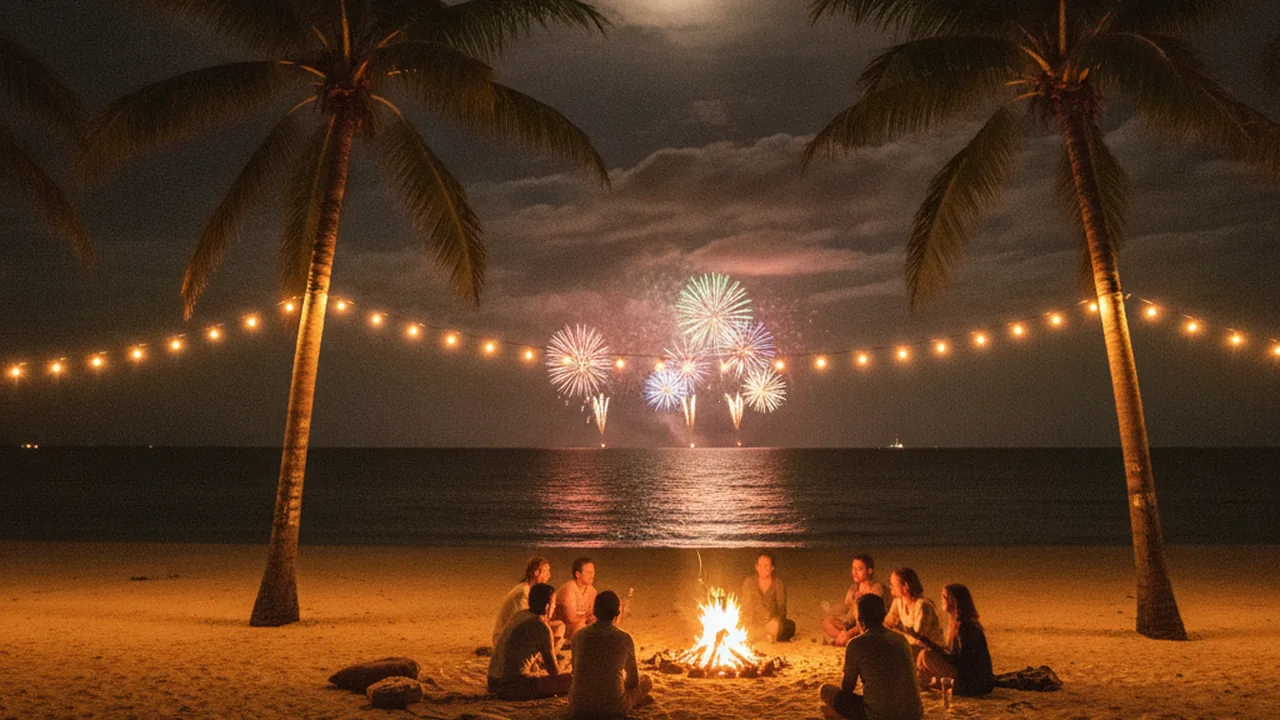 A tropical beach at night on New Year's Eve with warm lights and distant fireworks