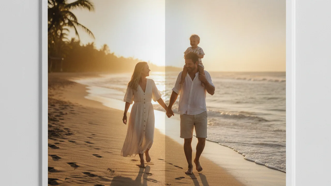 A family with a child on a warm beach during the New Year holidays