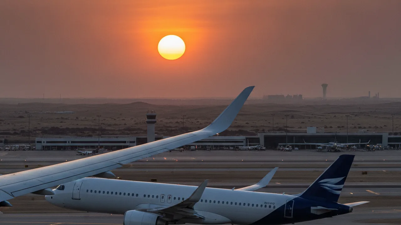 A passenger aircraft taking off at an airport at sunset, view of the wing and clouds