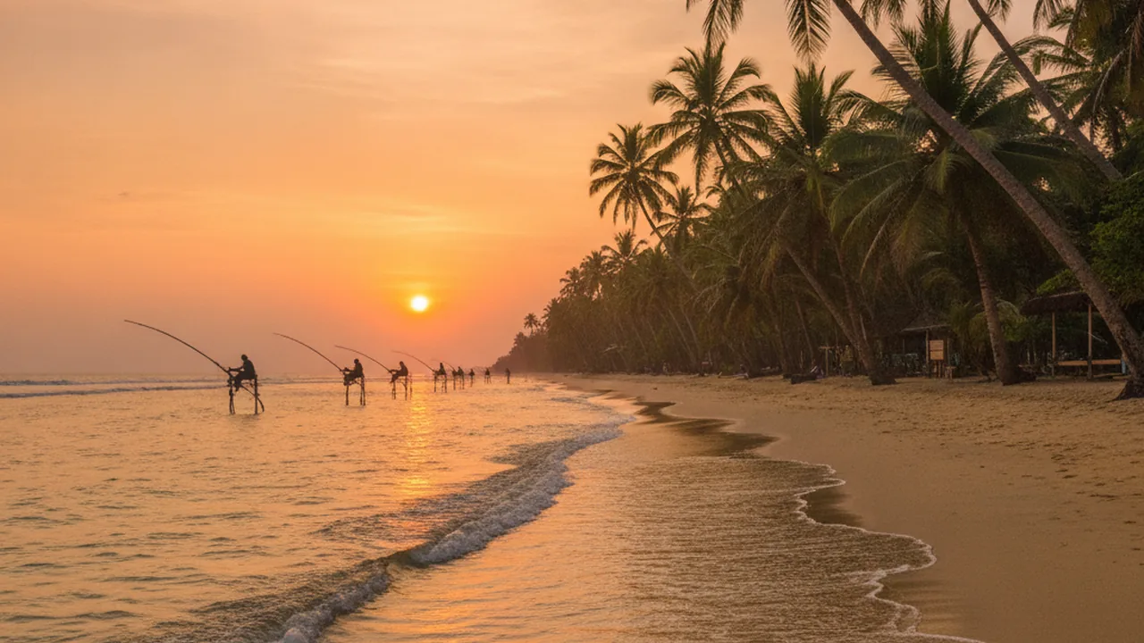 A beach in southern Sri Lanka at sunset with palm trees and a stilt fisherman silhouette