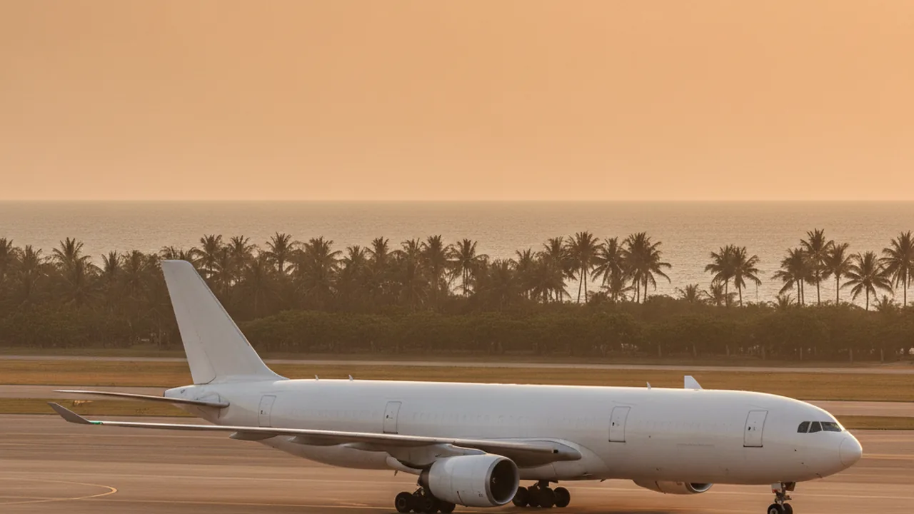 A wide-body airliner against a tropical coastline, international airport runway in view