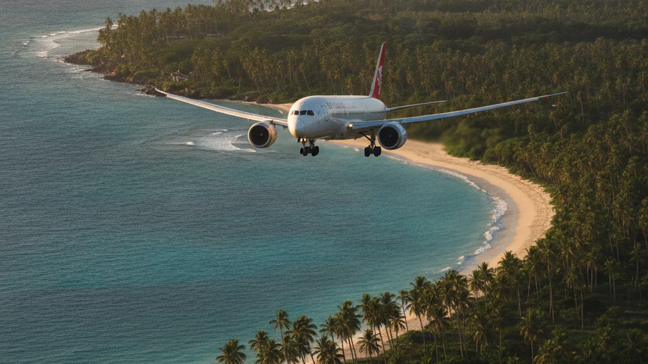 Wide-body jet on approach over the tropical coastline of Phu Quoc island